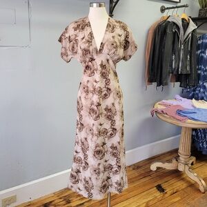 Rose Floral V-Neck Maxi Dress - Brown